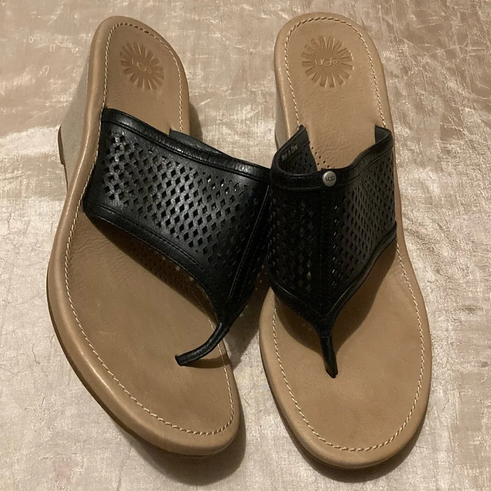 UGG Solena Black Leather Perforated Wedge Thong Sandals